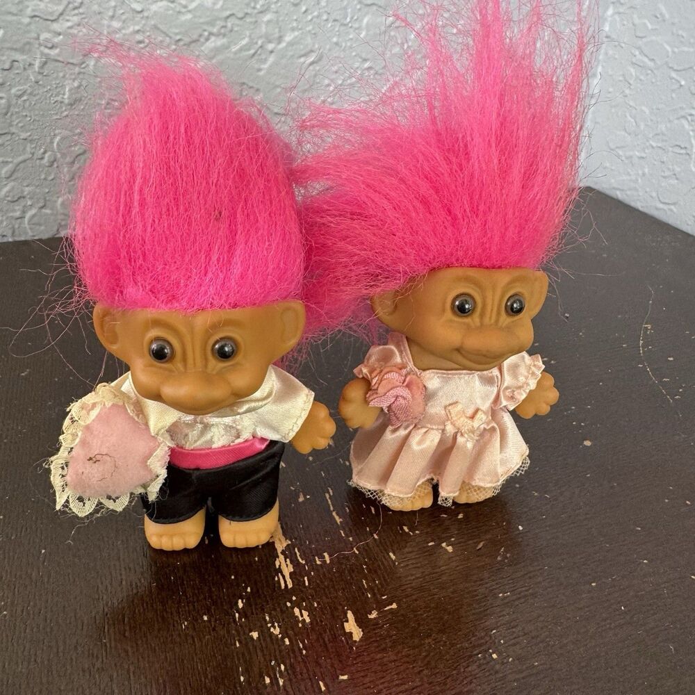 Vintage Russ Troll Dolls Bride & Groom Wedding Pink Hair Lot Of 2 Small 3”